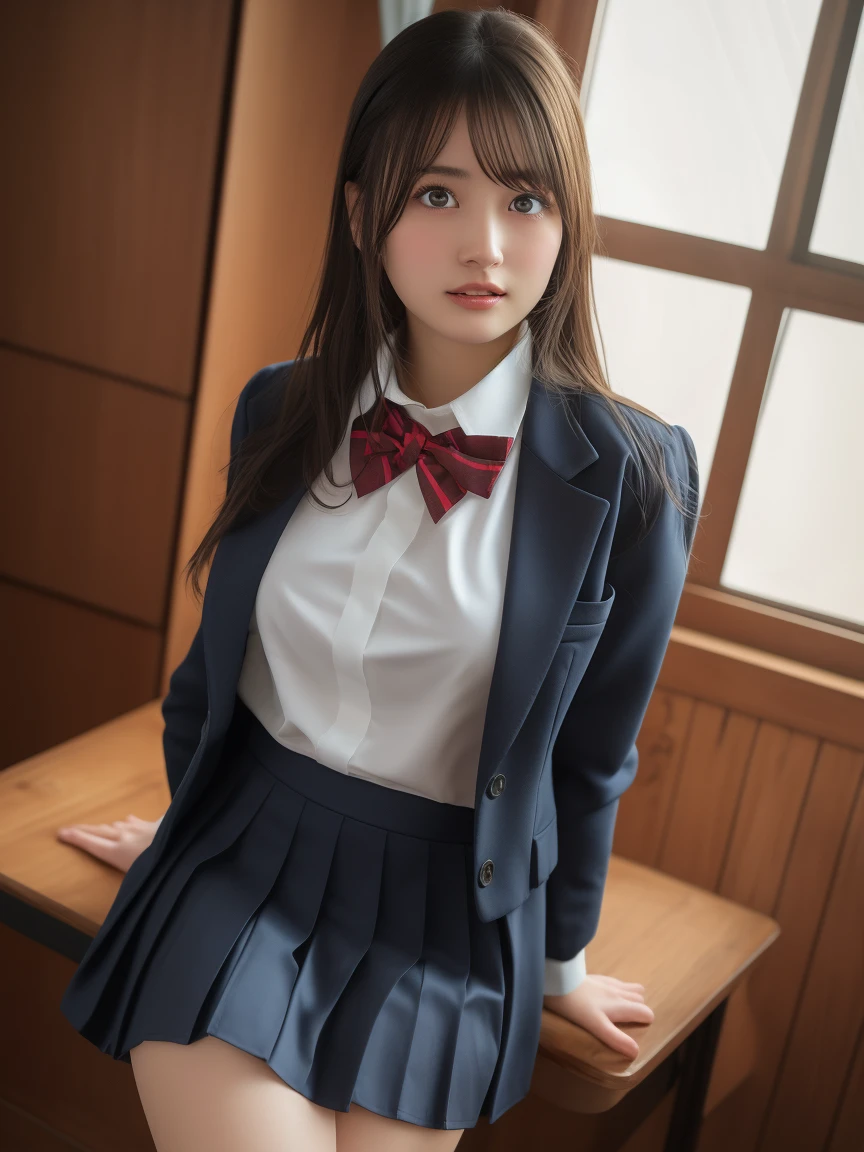 (masterpiece, highest quality:1.4), award-winning portraits, 8K, 85mm, alone, beautiful face, delicate girl, , (dark navy blazer jacket), dark navy skirt, long sleeve, violaces, gardenia, grace, Sophisticated, cute, teen, looking at the viewer, 15 years old, Raw photo, disorganized, HDR, sharp focus, A bow tie, background bokeh、(((flat 、thin and delicate body、A childish atmosphere)))、Her shiny semi-long hair is tied up、hair swaying in the wind、Mole on the left cheek、large, round, dark blue eyes、full body、random pose、Run、sprinting、Skirt fluttering in the wind、Junior idol、Nogizaka Idol、widening skirt、jump、mole under eye、sexy、