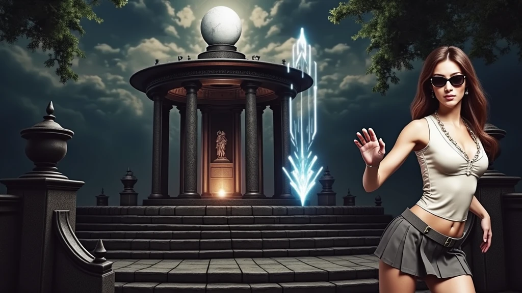 A young futuristic female sorcerer with a glowing floating small crystal stone, releasing mysterial spell and magical power, facing and defeating dark forces and beings. She stands with her right hand raised forward with a blue fire of light, at night, (1girl, solo, alone), photorealistic, large-breast slim:0.6 body, oval:0.5 face, cleavage:1.1, very low angle view of pleated miniskirt, deep-v, (upskirt), glove, (Matrix style black micro sunglasses), dynamic running pose, (half-body thigh level close-up shot), cinematic lighting, ray tracing, motion blur background.