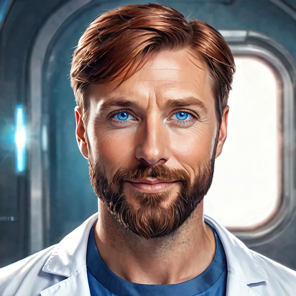 Semi realistic illustration portrait of 40 year old man, handsome, with fairly white skin, short brown hair, with slightly smaller blue eyes. rectangular face, Well-groomed beard, fine and soft facial features, lips a little thick, charming smile and challenging look. Doctor in a futuristic science fiction world.