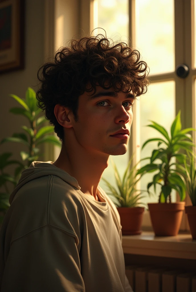 (photorealism:1.2), beautiful boys curly hair, indoors, soft lighting, plants in background, window with sunlight, cozy room, sad moment , realistic, intricate details, warm colors, by Greg Rutkowski, by Alphonse Much