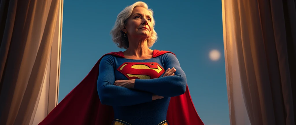 (((very beautiful old Supergirl (((1984s Supergirl movie costume))) Julie Hagerty))) Super old woman Julie Hagerty; confident, powerful, indestructible, attractive; big and firm chest; strong breasts; arms crossed. , floating, at night, outside a window; straight body; view from inside to outside, full body fluttering curtains, night, cinematic lighting, dramatic pose, beautiful detailed eyes, beautiful detailed lips, extremely detailed face and features, elegant, graceful, flowing cape, vibrant colors, hyperrealistic, 8k, high quality, intricate details, photorealistic, masterpiece