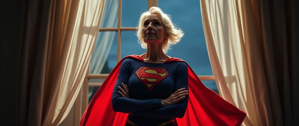(((very beautiful old Supergirl (((1984s Supergirl movie costume))) Julie Hagerty))) Super old woman Julie Hagerty; confident, powerful, indestructible, attractive; big and firm chest; strong breasts; arms crossed. , floating, at night, outside a window; straight body; view from inside to outside, full body fluttering curtains, night, cinematic lighting, dramatic pose, beautiful detailed eyes, beautiful detailed lips, extremely detailed face and features, elegant, graceful, flowing cape, vibrant colors, hyperrealistic, 8k, high quality, intricate details, photorealistic, masterpiece