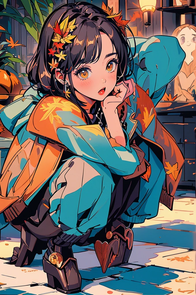 (masterpiece:1.2), Highest quality,Pixiv,Surprised girl,Portraiture、1、Large Breasts、Small waist、Close-up of face、Ecstasy、((((Autumn Outfits、Squatting sloppily))))、mini skirt