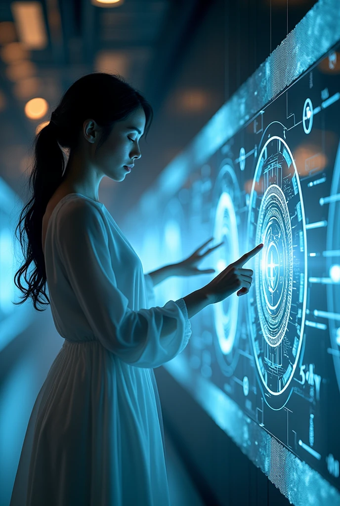 A beautiful girl in the movie world operates a virtual display with both hands while checking it in the metaverse.。Dark Space and Cybermane