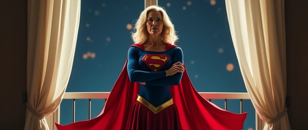 (((very beautiful old Supergirl (((1984s Supergirl movie costume))) Julie Hagerty))) Super old woman Julie Hagerty; confident, powerful, indestructible, attractive; big and firm chest; strong breasts; arms crossed. , floating, at night, outside a window; straight body; view from inside to outside, full body fluttering curtains, night, cinematic lighting, dramatic pose, beautiful detailed eyes, beautiful detailed lips, extremely detailed face and features, elegant, graceful, flowing cape, vibrant colors, hyperrealistic, 8k, high quality, intricate details, photorealistic, masterpiece