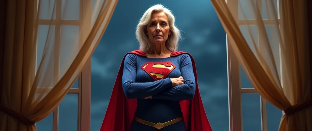 (((very beautiful old Supergirl (((1984s Supergirl movie costume))) Julie Hagerty))) Super old woman Julie Hagerty; confident, powerful, indestructible, attractive; big and firm chest; strong breasts; arms crossed. , floating, at night, outside a window; straight body; view from inside to outside, full body fluttering curtains, night, cinematic lighting, dramatic pose, beautiful detailed eyes, beautiful detailed lips, extremely detailed face and features, elegant, graceful, flowing cape, vibrant colors, hyperrealistic, 8k, high quality, intricate details, photorealistic, masterpiece