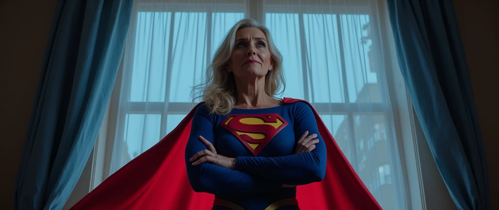 (((very beautiful old Supergirl (((1984s Supergirl movie costume))) Julie Hagerty))) Super old woman Julie Hagerty; confident, powerful, indestructible, attractive; big and firm chest; strong breasts; arms crossed. , floating, at night, outside a window; straight body; view from inside to outside, full body fluttering curtains, night, cinematic lighting, dramatic pose, beautiful detailed eyes, beautiful detailed lips, extremely detailed face and features, elegant, graceful, flowing cape, vibrant colors, hyperrealistic, 8k, high quality, intricate details, photorealistic, masterpiece