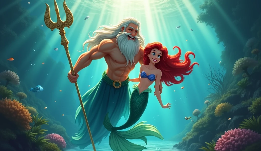 Mermaid Ariel happy swimming with her father King Triton