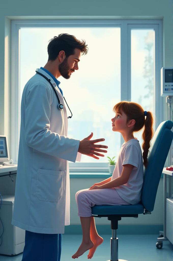 The doctor was checking up on the girl. Sitting on a chair in the hospital room.