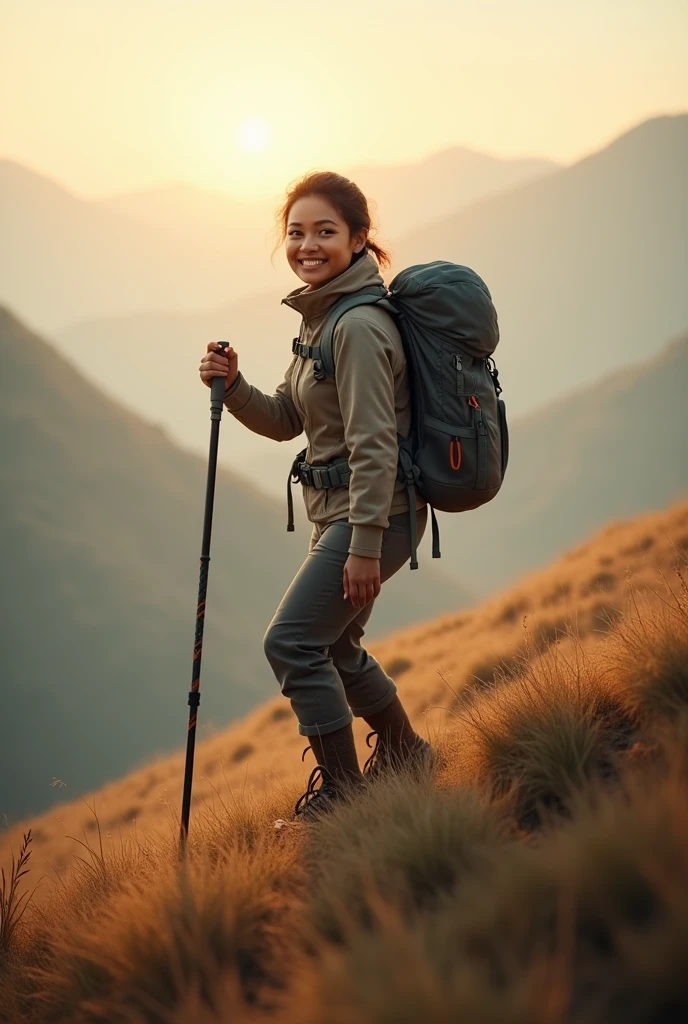 Photorealism 1.4 realistic realism high detailed definition Malay adult women climbing hill wearing adventure attirecamping backpack smile hold stick smoke effect sunlight silhouette