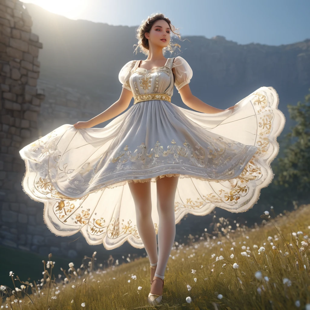 (Highly detailed CG Octane render 8k wallpaper),  Girls Underwear, You can see real bloomers made from cotton fabric.., With panniers, Medieval Translucent Dress, Fabric Realism, Low - Angle,  Pull up the dress by hand, Strong winds, Translucent slip, Translucent slip, tights, Highest quality, whole body, I can see your thighs, Silver and gold embroidery, The dress is also embroidered.