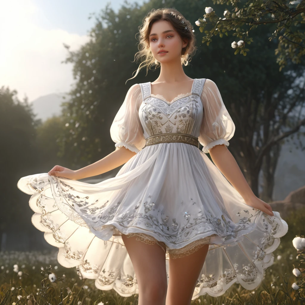 (Highly detailed CG Octane render 8k wallpaper),  Girls Underwear, You can see real bloomers made from cotton fabric.., With panniers, Medieval Translucent Dress, Fabric Realism, Low - Angle,  Pull up the dress by hand, Strong winds, Translucent slip, Translucent slip, tights, Highest quality, whole body, I can see your thighs, Silver and gold embroidery, The dress is also embroidered.