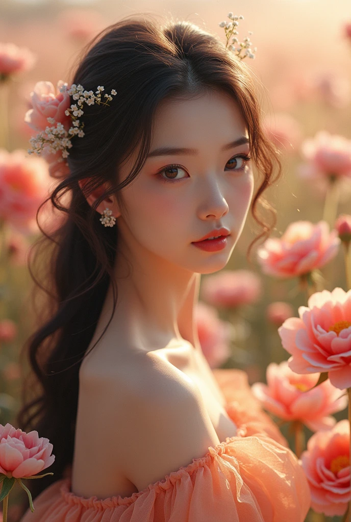 beauty、Instagram Icon、Long hair、Chinese pop idol faces、evening dress、Drooping eyes、Dark brown hair、beauty的卷发、Sea of flowers in the background、