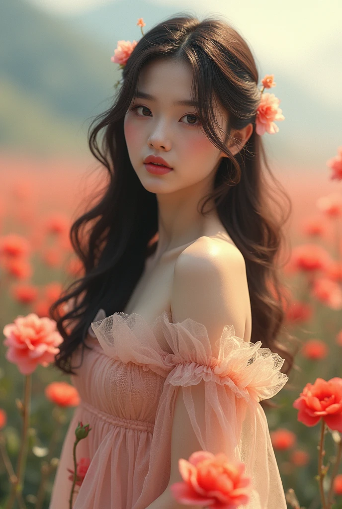 beauty、Instagram Icon、Long hair、Chinese pop idol faces、evening dress、Drooping eyes、Dark brown hair、beauty的卷发、Sea of flowers in the background、