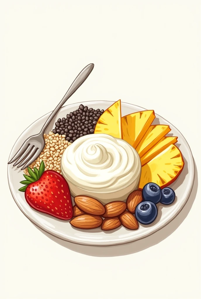 A drawing of a plate containing these foods The foods would be:

 Avena , Greek yogurt, mango, pineapple Almonds and chia seeds NOT REALISTIC IT IS A DRAWING 