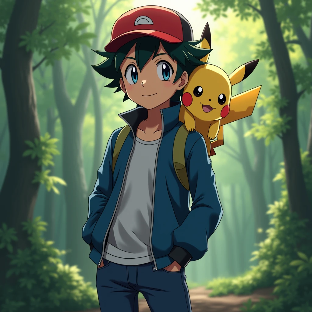 A photo-realistic portrait of Ash Ketchum, detailed face with beautiful eyes, long eyelashes, sharp nose, and defined lips, wearing a red and black hat, blue jacket, and jeans, standing in a lush green forest environment with Pikachu on his shoulder, dynamic lighting, vivid colors, cinematic composition, hyperrealistic, 8k, (best quality,4k,8k,highres,masterpiece:1.2),ultra-detailed,(realistic,photorealistic,photo-realistic:1.37)