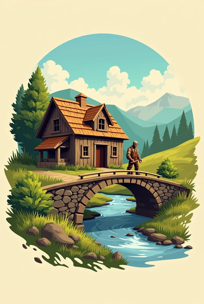 Create logo with a house made of boards, a big bridge, a stream, a peasant working