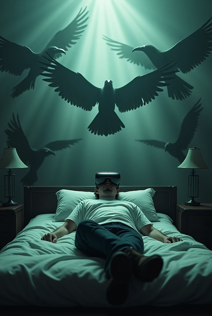 Man lying on a bed with virtual reality glasses, surrounded by a world consumed in a bad way dominated by evil gifted birds