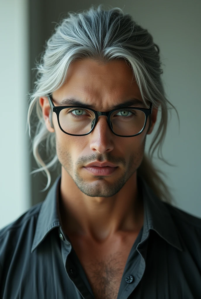 male　３０generation　Green Eye　Silver Hair　Long Hair　Behind you１Tie up to one　Glasses　Open collar　shirt　　Cold look