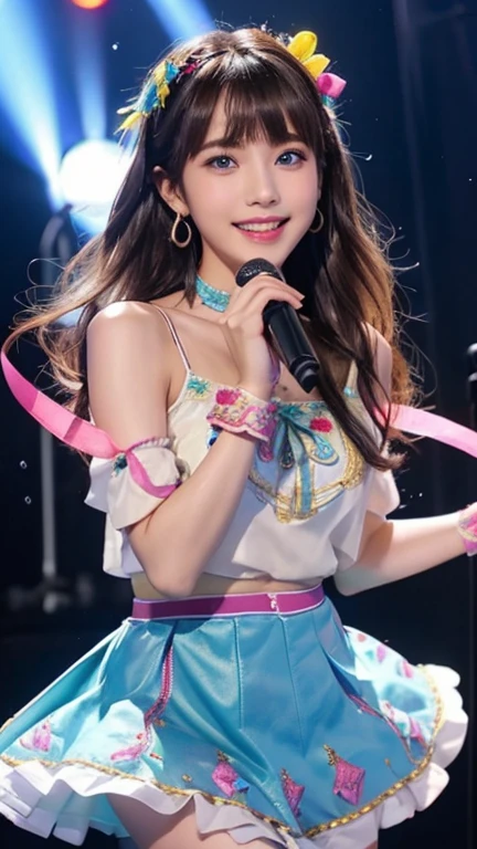 realistic, realistic, masterpiece, highest quality, one girl, alone, in stage, Stage lighting, Stage Spotlight, look at the audience, smile, Idol_sing_costume, (face to face with the children_v1:0.8),韓国のIdol,Nogizaka idol,actress,Idol彫刻