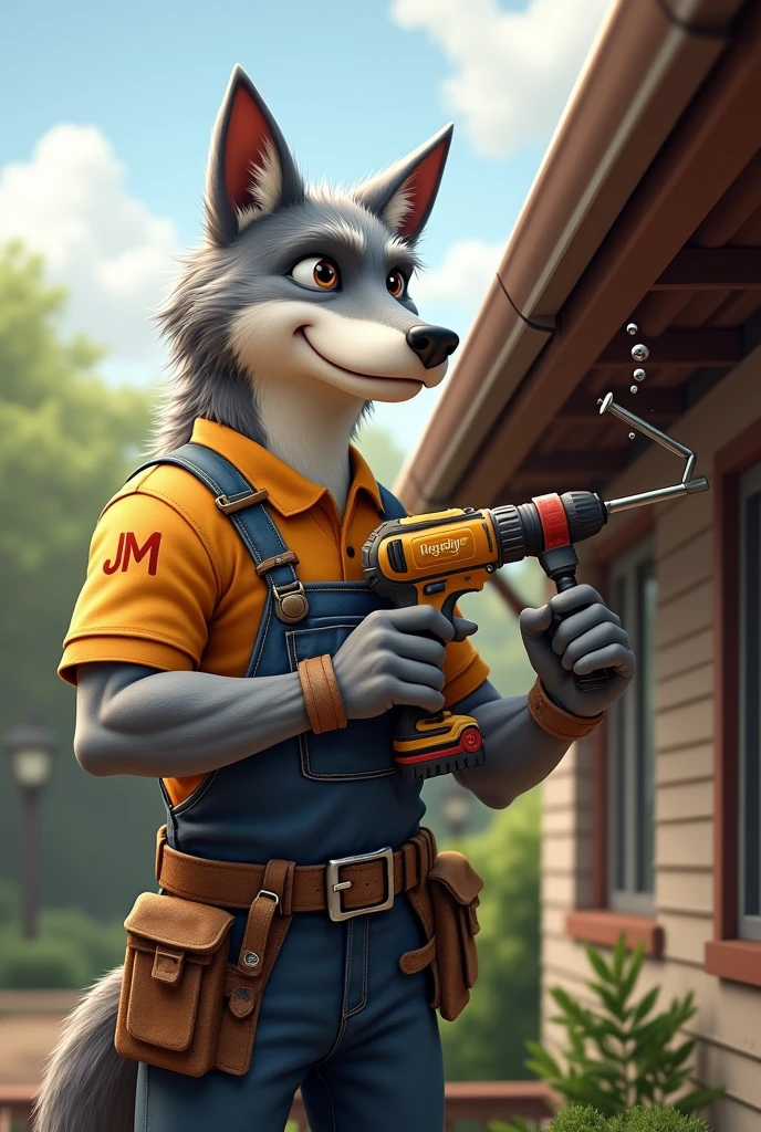 Strong and friendly wolf in work clothes , installing gutters ,  with their tools, drill and screw ,JM logo on the shirt