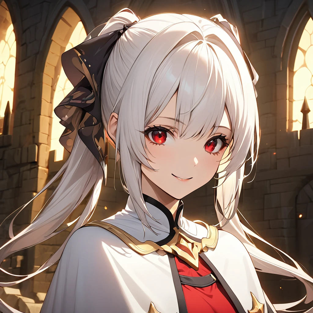 Lynne, One girl, white hair, very long hair, thin twin low ponytails, black ribbons, red eyes, Beautiful and attractive eyes、 short white cape, red cloth, smile, aggressive、 in castle break break masterpiece、Beautiful attention to detail:1.2, Perfect lighting, (perfect hand, perfect anatomy), Precise depiction、Vibrant colors, Upper Body