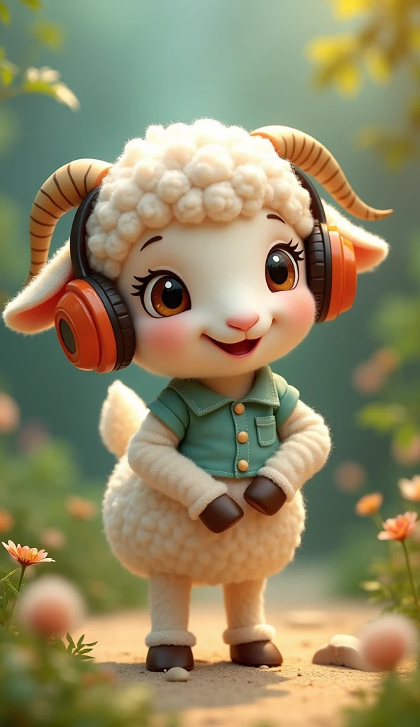 Imagine a realistic little lamb with exaggeratedly funny features, oversized, dressed in cute clothes, bright eyes and curiosity, smiling, frontal image, smiling bunny, Disney  style, capturing natural textures, although their paws are a little bigger, they are even cuter. The background is a simple garden, focusing on natural colors and some green plants, creating bright colors and white lambs, as you have, blouse and headphones, little sheep dancing in a jacket