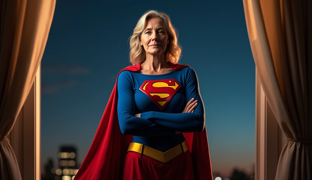 (((very beautiful old Supergirl (((1984s Supergirl movie costume))) Julie Hagerty))) Super old woman Julie Hagerty, looking up; confident, powerful, indestructible, attractive; big and firm chest; strong breasts; arms crossed. , floating, at night, outside a window; straight body; view from inside to outside, full body fluttering curtains, night, cinematic lighting, dramatic pose, beautiful detailed eyes, beautiful detailed lips, extremely detailed face and features, elegant, graceful, flowing cape, vibrant colors, hyperrealistic, 8k, high quality, intricate details, photorealistic, masterpiece