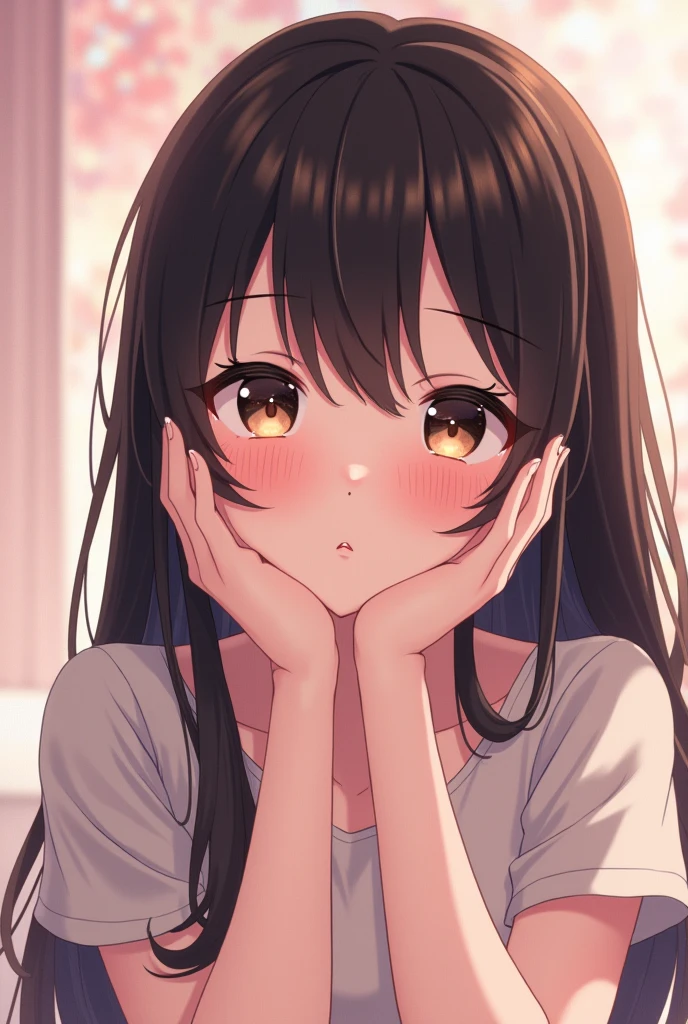 A anime girl with innocent gaze, she has BB chest size and has long dark brown, almost black, hair. Her skin is pale and soft, almost like cotton and she is blushing since she is very shy. She is a grown up woman, however has some young features on her face