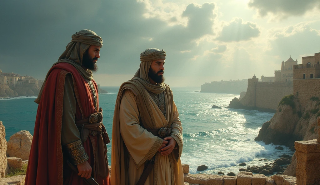 Create a cinematic, ultra-realistic depiction of the historical setting of Ceuta, showing Musa bin Nusair and Thariq bin Ziyad preparing for their campaign. The scene should capture the grandeur of the coastal city, with detailed architecture that reflects its historical significance. Musa and Thariq are shown in traditional Islamic attire, with Musa giving commands while Thariq listens attentively. The landscape includes the rugged coastline, ancient city walls, and the churning sea in the background. The lighting is dramatic, with heavy clouds overhead and rays of sunlight breaking through to highlight the key figures. Epic color grading emphasizes the contrast between the cool blues and grays of the sea and sky with the warm, earthy tones of the city and the figures' attire, creating a powerful and immersive atmosphere.