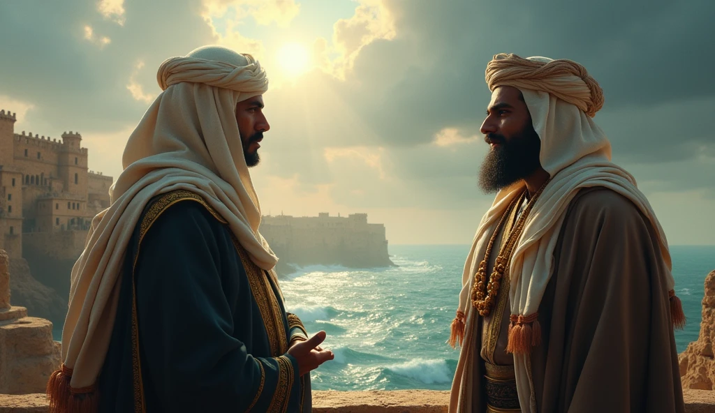Create a cinematic, ultra-realistic depiction of the historical setting of Ceuta, showing Musa bin Nusair and Thariq bin Ziyad preparing for their campaign. The scene should capture the grandeur of the coastal city, with detailed architecture that reflects its historical significance. Musa and Thariq are shown in traditional Islamic attire, with Musa giving commands while Thariq listens attentively. The landscape includes the rugged coastline, ancient city walls, and the churning sea in the background. The lighting is dramatic, with heavy clouds overhead and rays of sunlight breaking through to highlight the key figures. Epic color grading emphasizes the contrast between the cool blues and grays of the sea and sky with the warm, earthy tones of the city and the figures' attire, creating a powerful and immersive atmosphere.