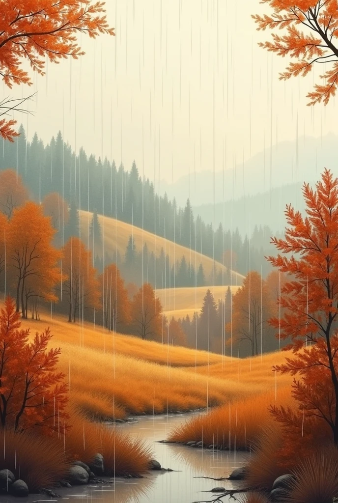 Dark Autumn rain, Fall Lofi, landscape,water color