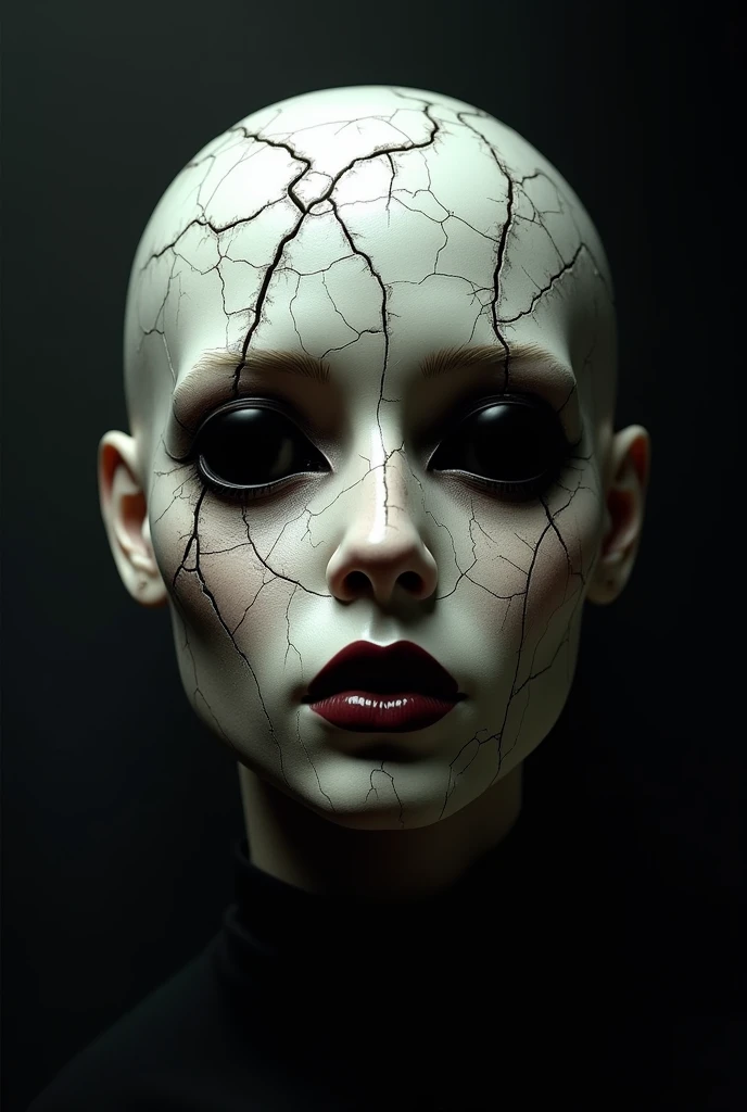 Create a image of a human face in dark tone colour skin made of broken porcelain or ceramic. The face has a serene expression with all big black eyes only and broad burgundy lips. The surface is cracked, revealing intricate lines, giving the impression of aged or damaged porcelain. The deep cracks form an organic pattern across the face, adding depth and a sense of fragility. sharp light is coming out from cracks.
