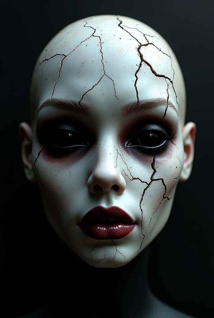 Brunette girl with shaved hair would have very large and horrible burn scars on the left side of her face, also her left eye would be white and the other eye brown.
