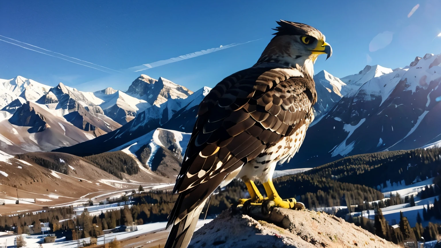 A HAWK STARING AT THE CAMERA AND IN THE BACKGROUND A ROCKY MOUNTAIN
