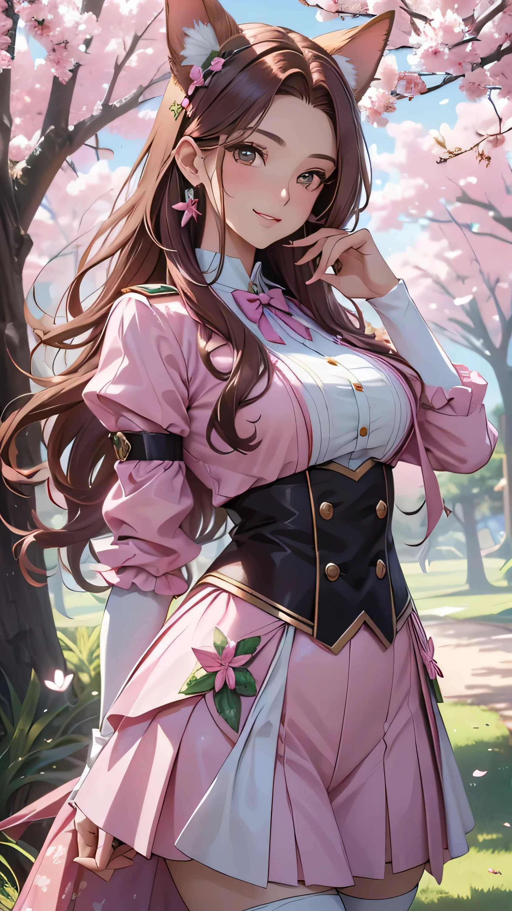 (best quality,4k,8k,highres,masterpiece:1.2),ultra-detailed,(realistic,photorealistic,photo-realistic:1.37),acrylic painting,beautiful Brazilian model in a uniform outfit with downy hair,beautiful Brazilian model with extremely colorful brown hair and detailed facial features,beautiful Brazilian model standing in a beautiful garden sakura flowers, long hair,cat ears, hair bows, uniform pink and blue outfits, smile, happy face,light brown hair,butterflies, brown eyes, mature woman, older woman