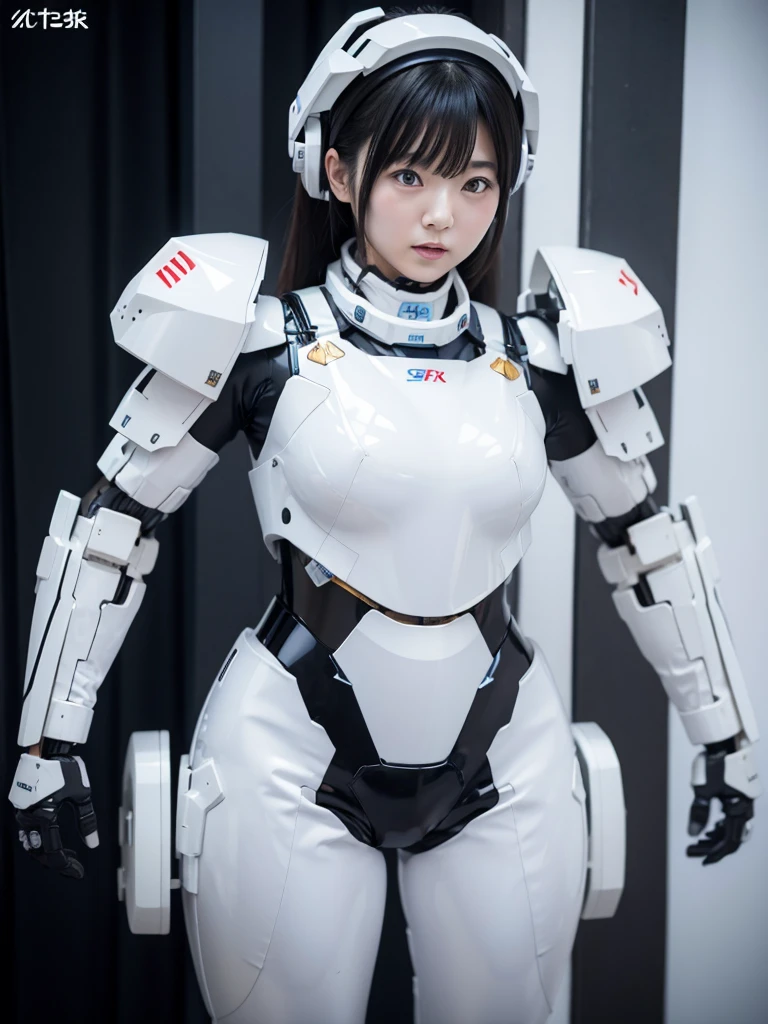 Japanese woman in a white robot suit,Black rubber joints,Plump,