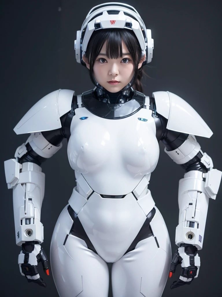 Japanese woman in a white robot suit,Black rubber joints,Plump,