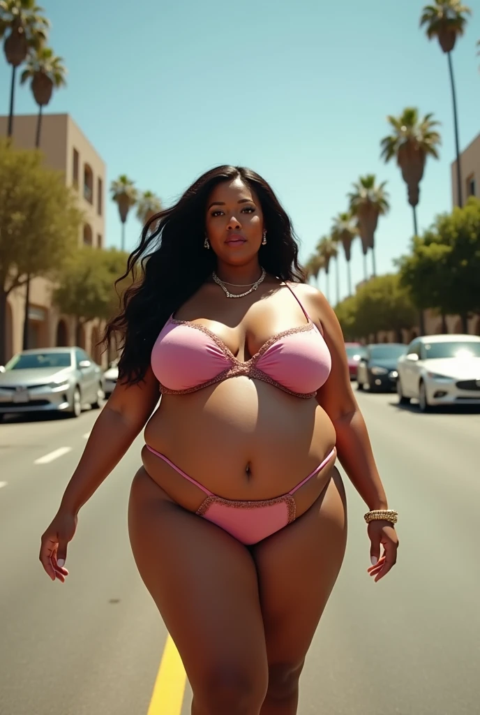 photograph of 25yo light skinned black woman sitting on a bench at an amusement park, beautiful, gorgeous, cute, pretty, sexy, erotic, sunglasses, long eyelashes, brown eyes, long black hair, 36dd breast, big hips, big thighs, big buttocks, tattoos, black stockings, pink high heels, neon lights, roller coaster, concession stand, full body shot