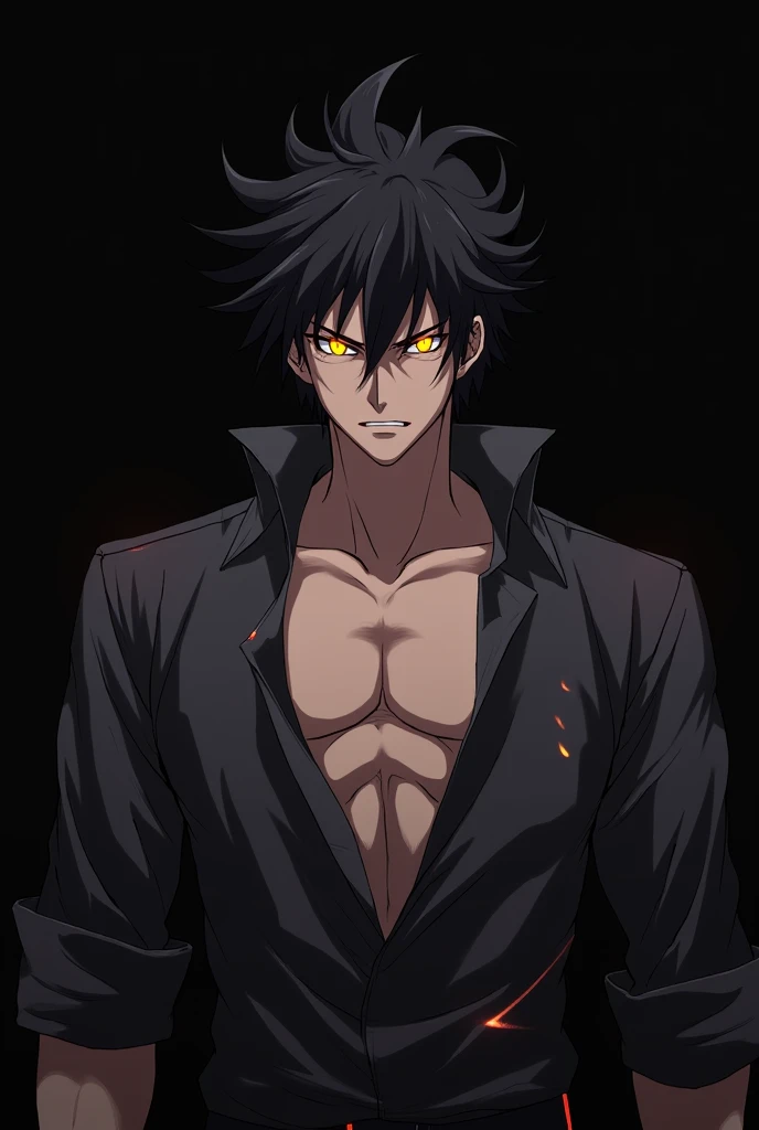 Generate a dark, intense anime-style character portrait. The character should be a muscular male with a sharp, angular face, spiky black hair, and a fierce expression. His hair should have a slightly wild look with strands falling over his face. The character's right eye should be glowing with a fiery orange light, while the left eye remains dark, adding to the menacing vibe. His attire should include an open dark gray shirt, revealing his chiseled chest and abs. The shirt should have a futuristic, slightly reflective texture with faint glowing accents along the edges, adding to the overall dark, sci-fi theme. The background should be pitch black