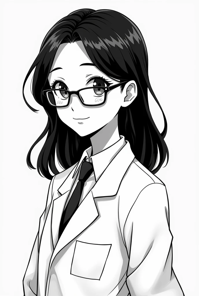 A brunette girl with slightly wavy long hair, Latin features, wearing lab glasses and a lab coat, smiling, in black and white, anime version