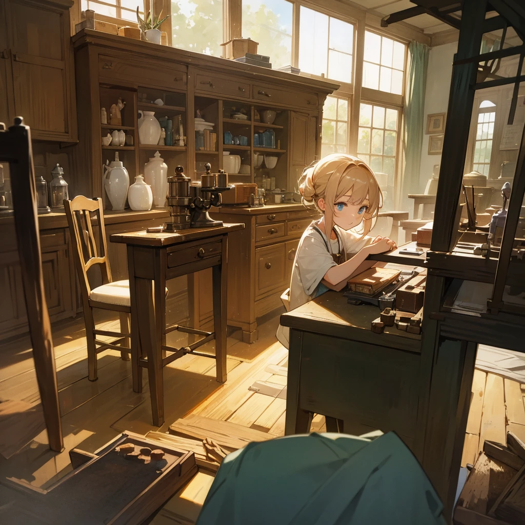A watercolor-style anime illustration featuring a beautiful girl working as a clockmaker. She is focused intently on repairing a clock on a worn wooden table in an old workshop. The girl has a serious expression on her face, deeply absorbed in her work. The workshop is furnished with aged wooden furniture, including a table and chair. Sunlight streams in through the window, casting a warm glow across the room, creating a serene and dedicated atmosphere.
