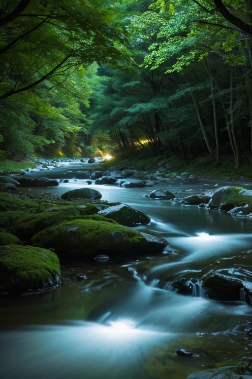 dim、River at night、Rich in nature、All I can hear is the sound of the river babbling､quiet night、Lack of artifacts、relax、It seems to have a calming effect、Cool、Gentle river flow、