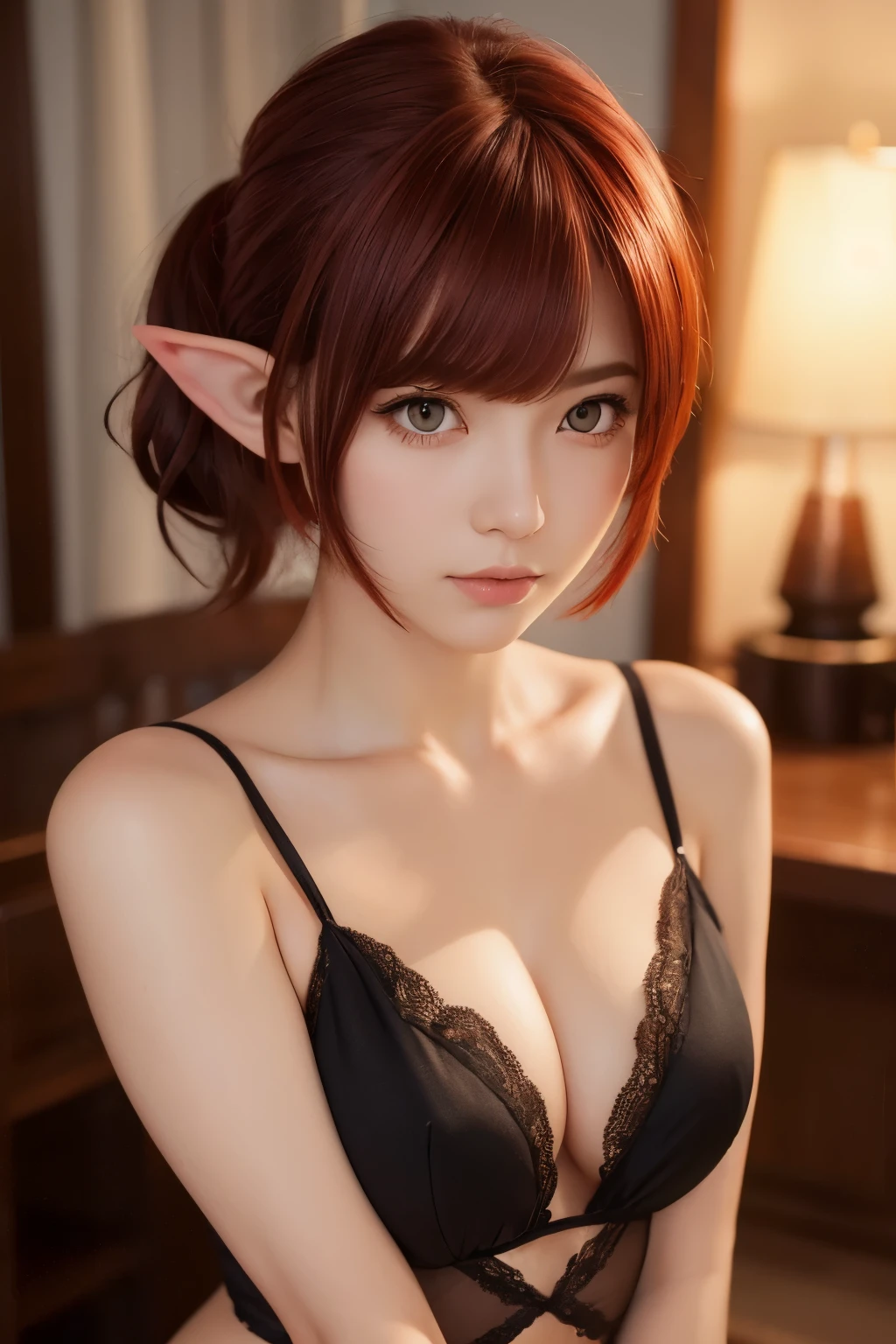 Female focus, elf, , flat chest, short hair, red hair, wine red eyes, neat triangular eyebrows, hair between the eyes, crossed bangs, low ponytail, wavy hair, ahoge, messy hair, full body, realistic photo style, young appearance