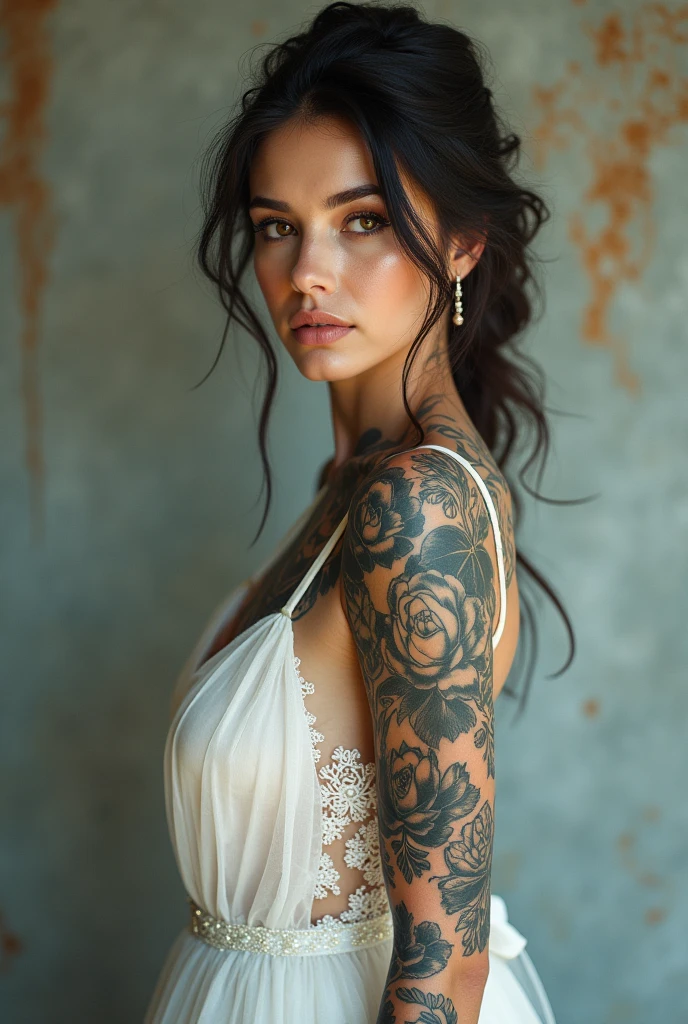 bellissima, 1girl, body is adorned with a collection of beautiful tattoos, each one telling a unique story. Her arms are a canvas of intricate designs, with delicate roses intertwined with intricate geometric patterns. The inked artwork accentuates her graceful movements and adds a touch of edginess to her overall look, focus solo,