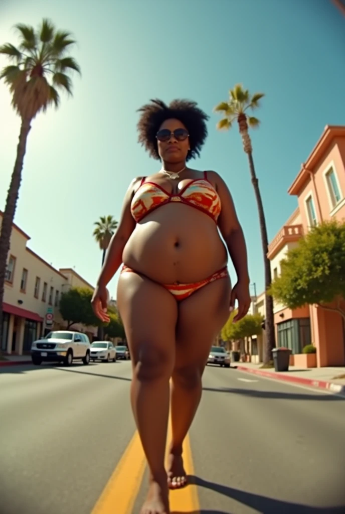 Pov fisheye camera view of Cardi B's heavily pregnant fat mother walking down a sunny California street showing off her giant bra. Hd 14K, cinematic, Photorealistic, fisheye camera view, iphone camera style, highly shapering, high detailed, masterpiece