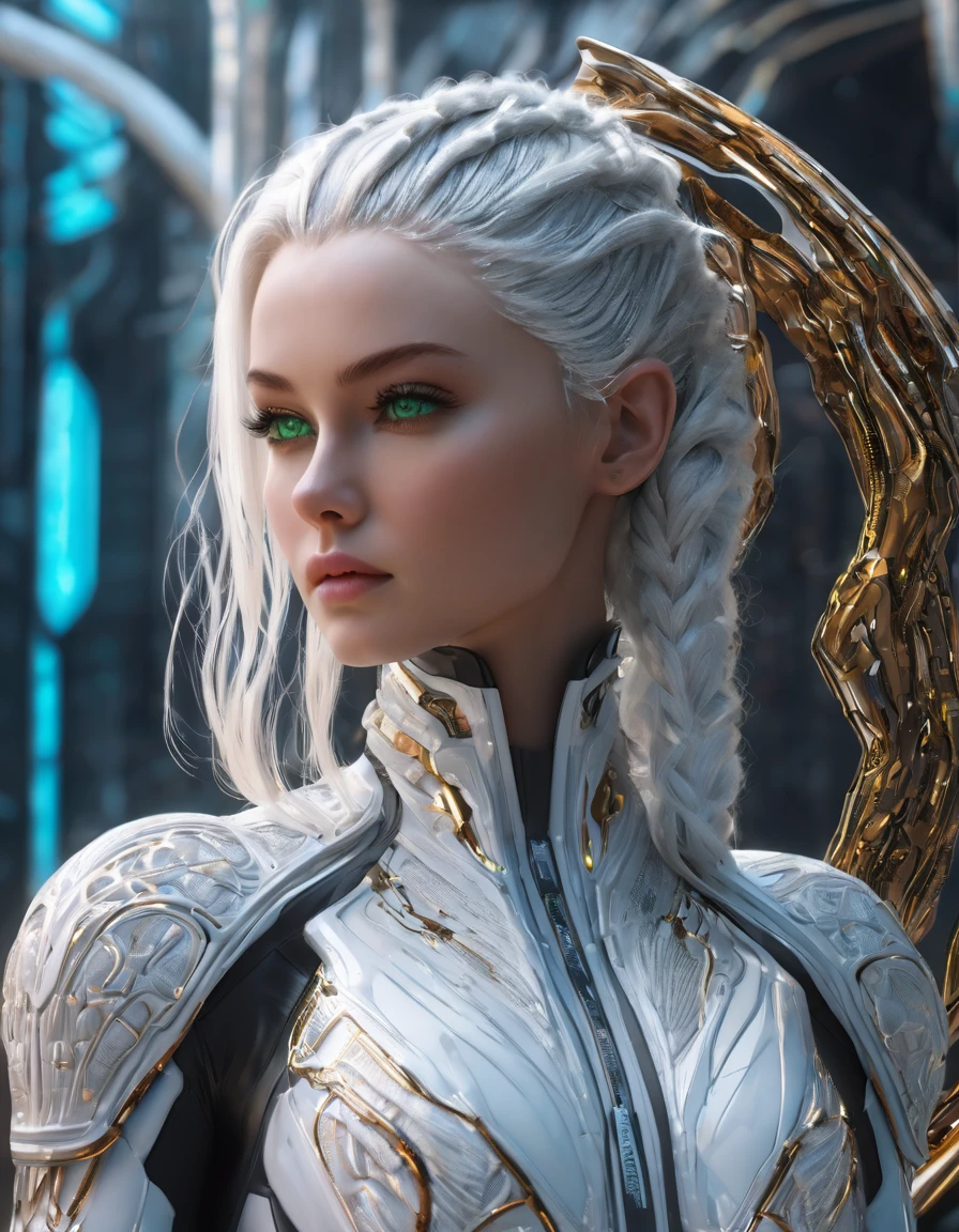 A hyper-realistic portrait of an incredibly stunning and attractive muscular female xenomorphic-biomechanical creature with delicate synthetic skin resembling highly polished white porcelain and rosy cheeks, adorned with shiny, textured mesh scales, and a fluffy white overcoat decorated with intricate gold filigree designs. She has small, discreet, pointed ears with a high-tech neon device in her ear. Her spiky white hair made of crinkled plastic cables complements the look, and her beautiful jewel-like amber-green eyes add to her remarkable character. This ultra-detailed, hyper-realistic artwork in the futuristic cyberpunk style features dramatic lighting, cinematic quality, and sharp focus on the subject, rendered in HDR and hyper-maximalist 16k resolution for the final image, sharp focus on the subject, hdr, cinematic, digital fine art, ultra-realistic art, hyper-maximalist, hdr, 16k, final render