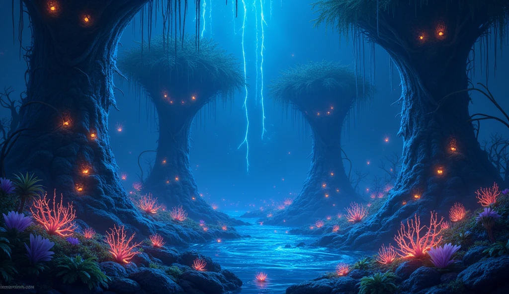 Beautiful biome with mostly dark blue colors and bioluminescence of the night
