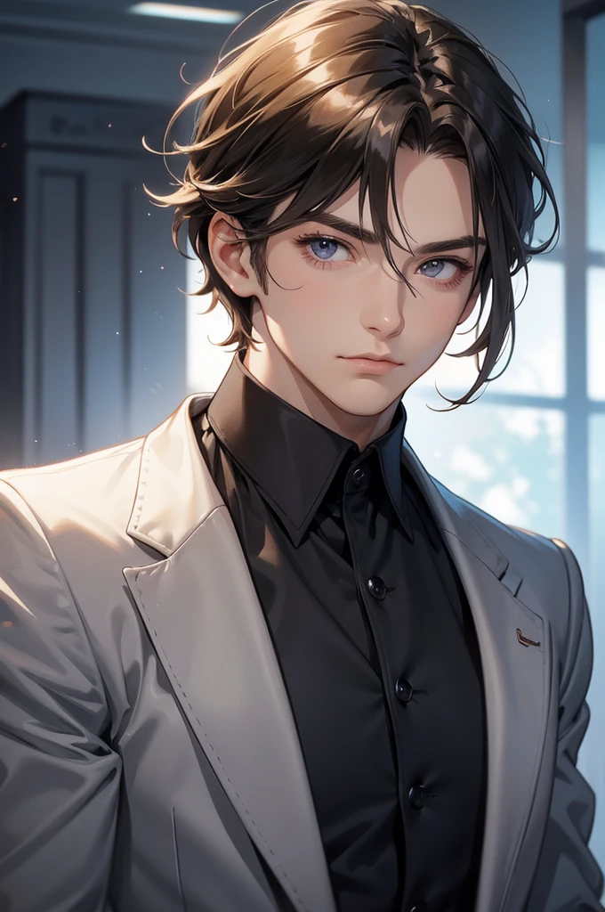 create image a cute man. Appearance: Age: 22-24 Hair: Light Brown, styled in a slightly tousled, short modern cut. Eyes: his black eyes are soft and innocent, resembling those of a kitten—wide and round. Face: Handsome with a youthful charm, high cheekbones, and a defined jawline. No beard. Body: Strong, athletic build, broad shoulders Clothing: A formal Black suite
