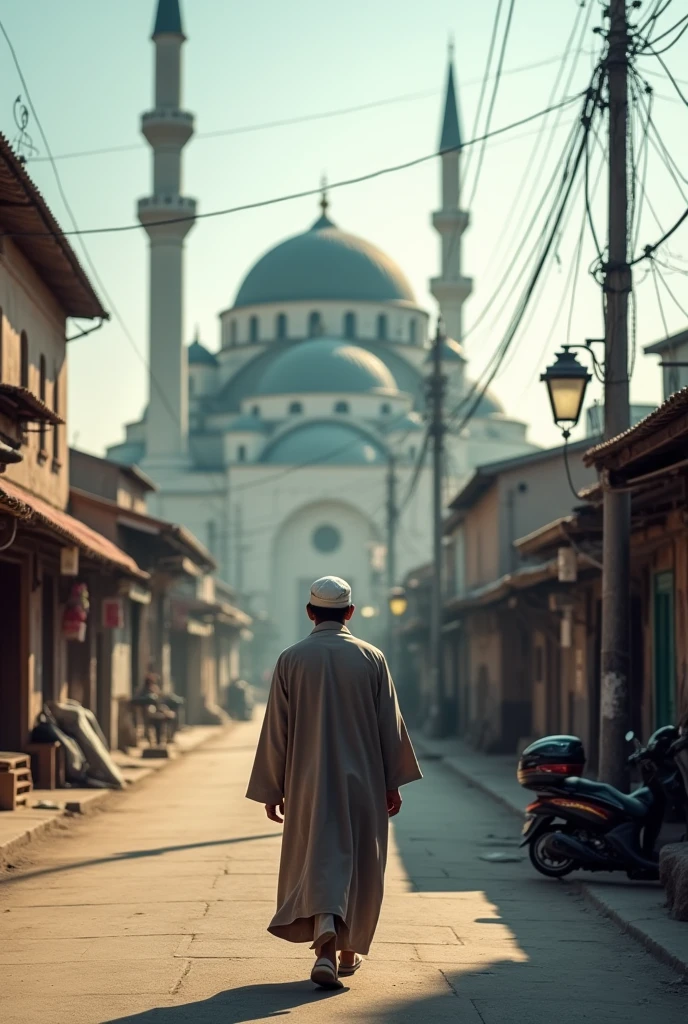 This image shows a person, likely a man, walking down a street towards a large mosque in the background. The man is dressed in traditional clothing, wearing a long robe and a white cap, which is commonly associated with Muslim attire. The mosque features large domes and minarets, typical of Islamic architecture, and appears to be the focal point of the scene. The setting looks like a quiet street, possibly in a town or village, with some shops or buildings on either side and a scooter parked on the right. The atmosphere suggests a serene and culturally rich environment.